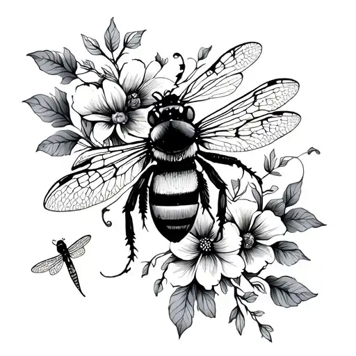 Fine Line Floral Vine Forearm Wrap Tattoo With A Bee And Dragonfly