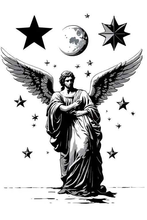 Night Hymph 1 Large Star Several Small Star Fully Moon A Faded Angel Watches Over A Man