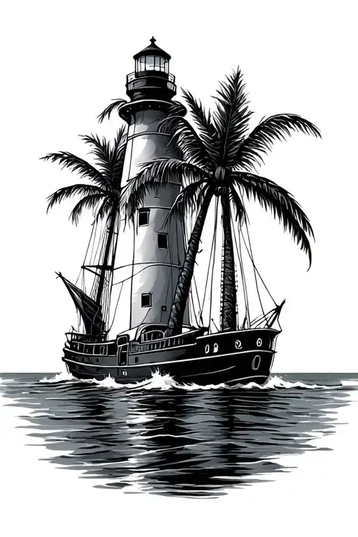 Palm Tree Ship Lighthouse Shining