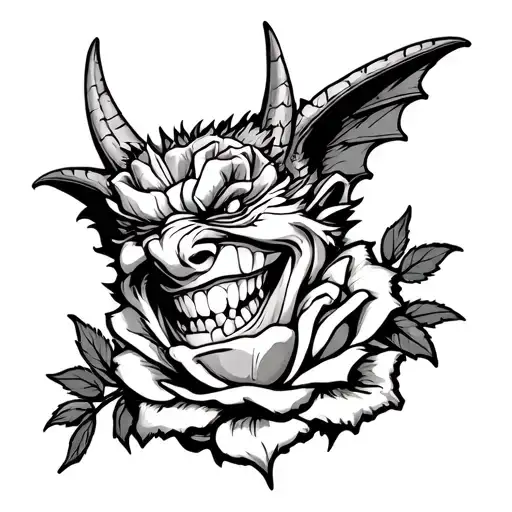Gargoyle Smiling Winking With A Rose Between Teeth
