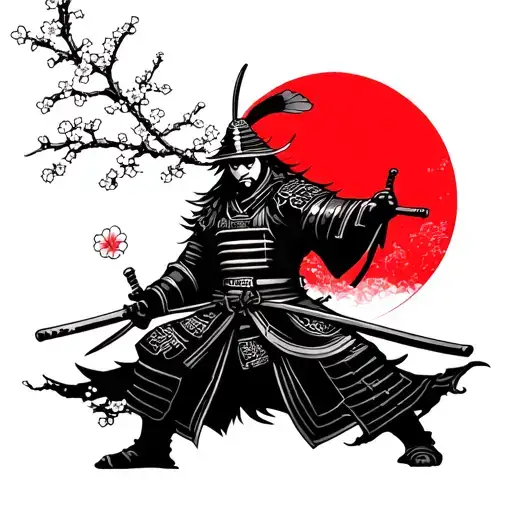 Samurai Against The Backdrop Of A Branch Of Sakura And The Red Sun