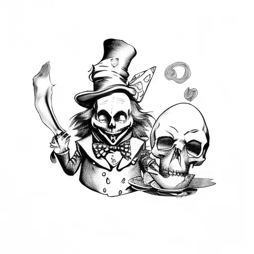 A Whimsical Alice In Wonderland Scene With The Mad Hatter And A Skull