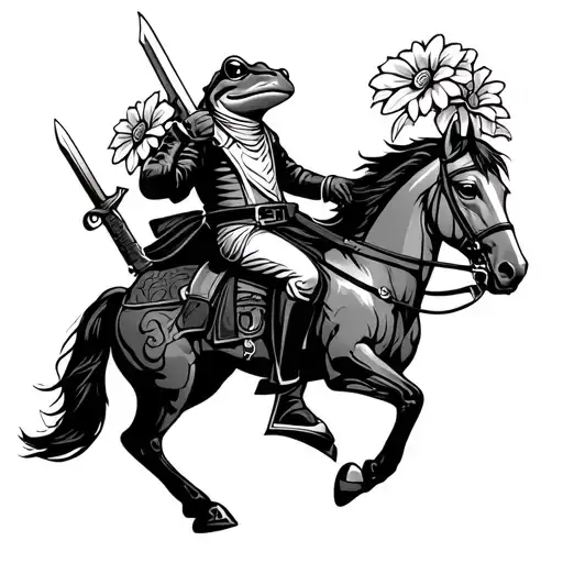 Frog Riding A Horse Sword And Pistol By His Side Carrying Flowers
