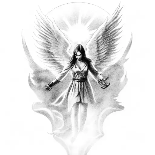 An Angel Ascending Through The Clouds With Sun Rays Holding An Assault Rifle With Its Wings Back