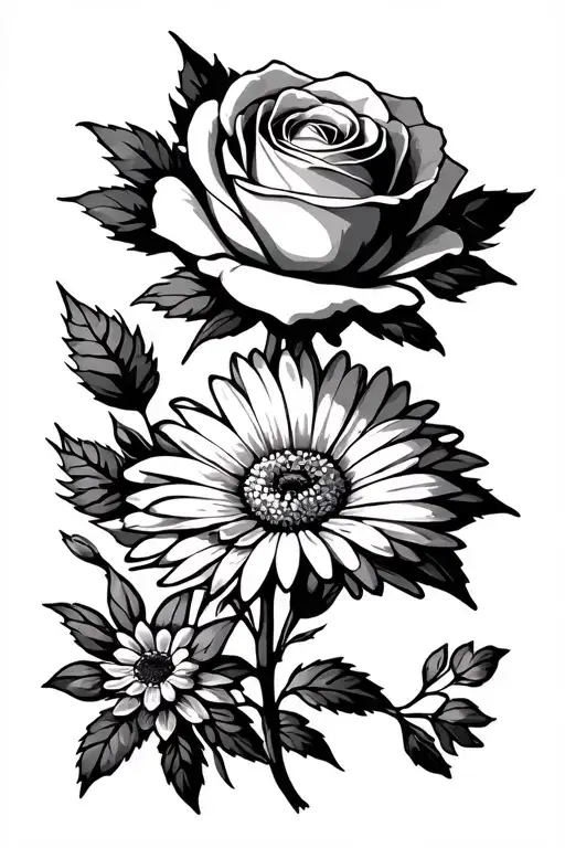 Flower Outlines Of A Rose Cosmo Daisy And Chrysanthemum With Some Foliage
