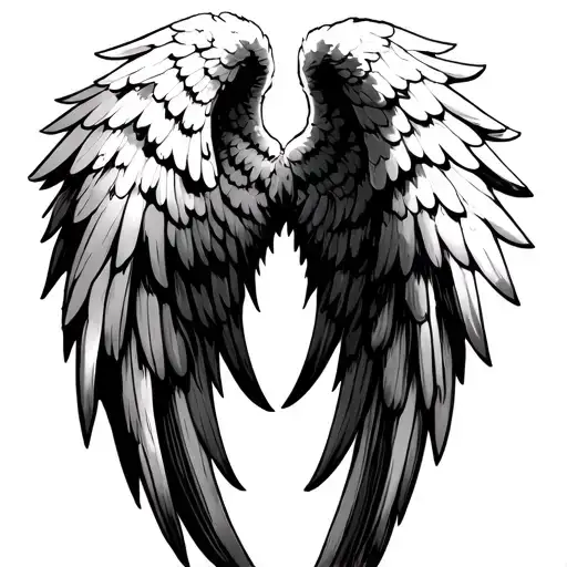 Sketch Of Black & White Folded Angel Wings Tattoo On White Background