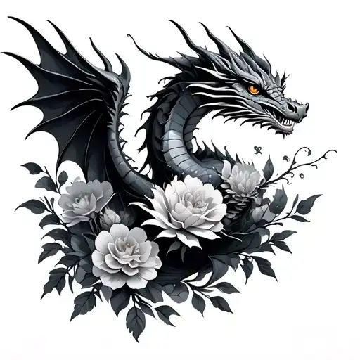 Dragon Flying Around Flowers