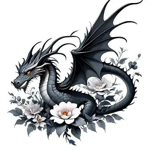 Dragon Flying Around Flowers