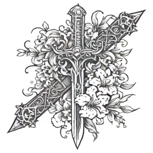 A Sword With Snapping Dragon Flowers And Orchids And Carnations And Gladious Flowers Around It