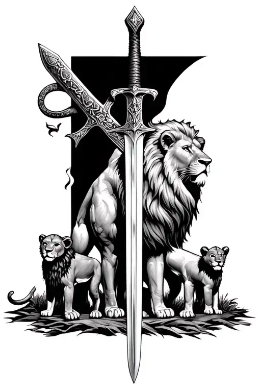 Viking Sword Going Down Back With Lion And Lioness And Cubs