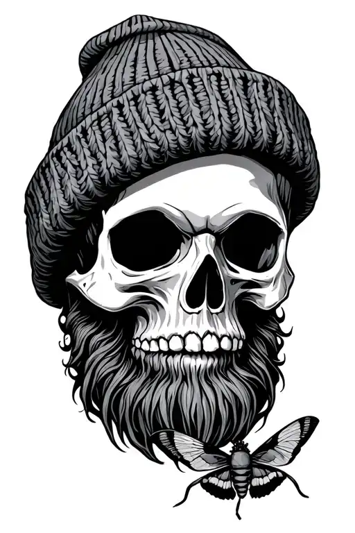 Bearded Skull Wearing A Beanie With A Death Moth Resting