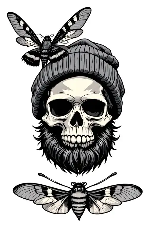 Bearded Pop Punk Skull Wearing A Beanie With A Death Moth Resting