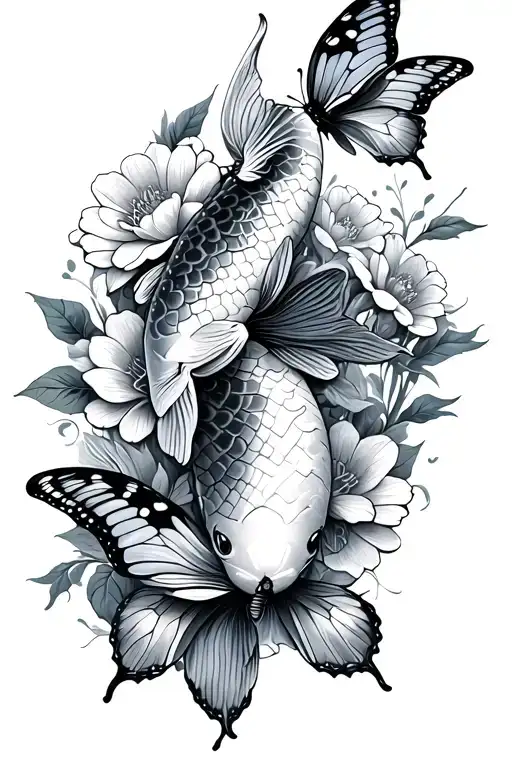 Koi Fish Butterflies Flowers Surrounding