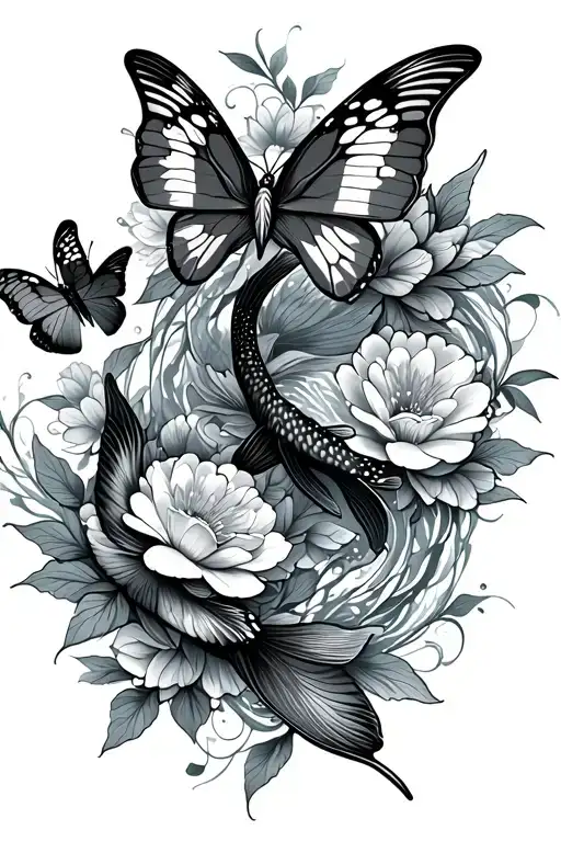 Koi Fish Butterflies Flowers Intertwined