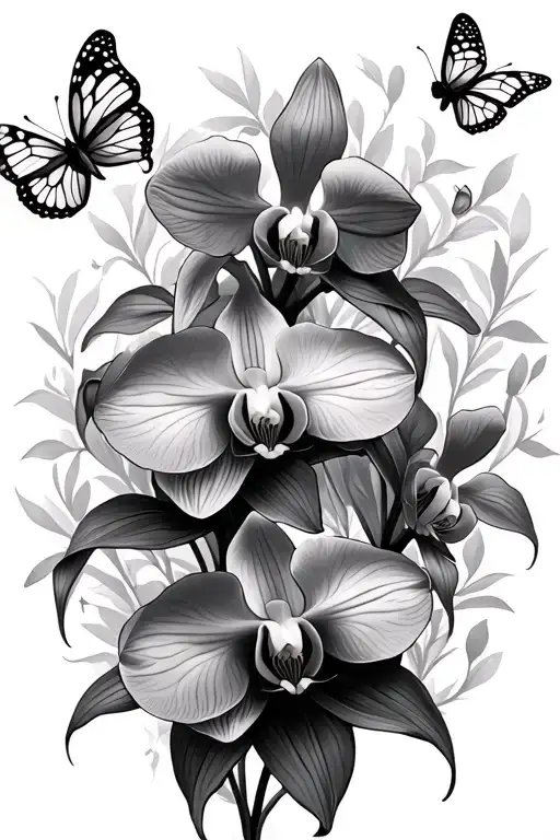 Long Orchids With Little Butterflies Flying