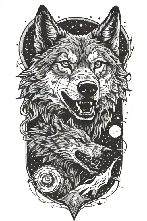 A Wolf Head With A Smaller Wolf Underneath Howling At The Stars