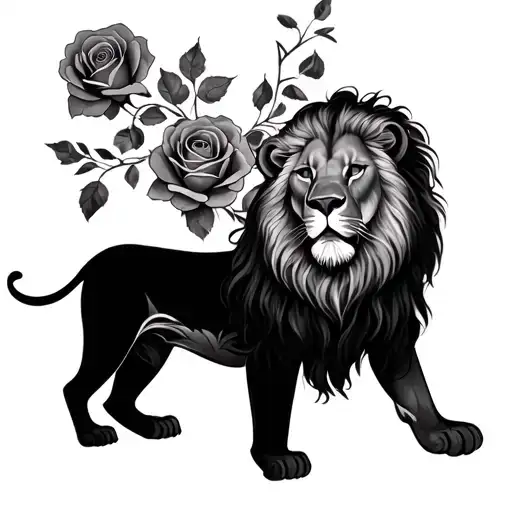 Lion And Cubs Intertwined With Roses