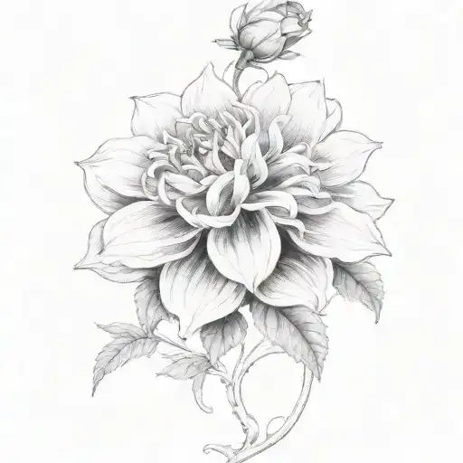 A Black-grey Design Featuring A Blooming Dahlia And Climbing Rose Vines