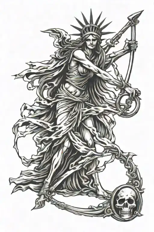 Lady Liberty Fighting Off Skeletons With The Grim Reaper Using Scythe To Tip Scales