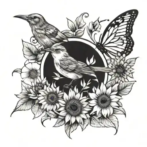 Bird With Butterflies And Sunflower And