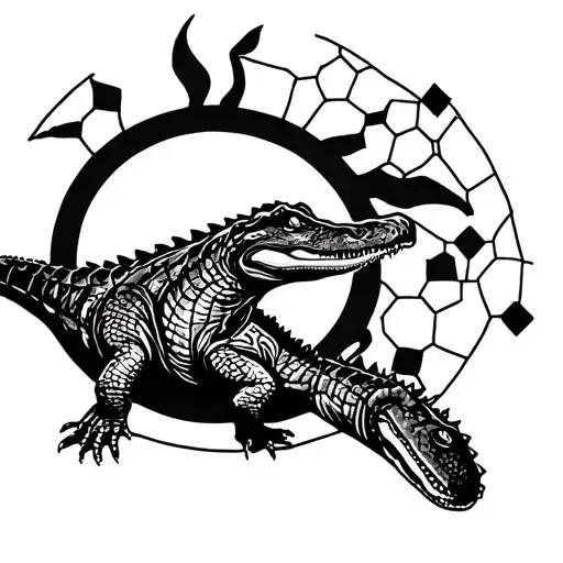 Crocodile With A Sun Behind And Hexagonal Shapes Behind Filling The Arm