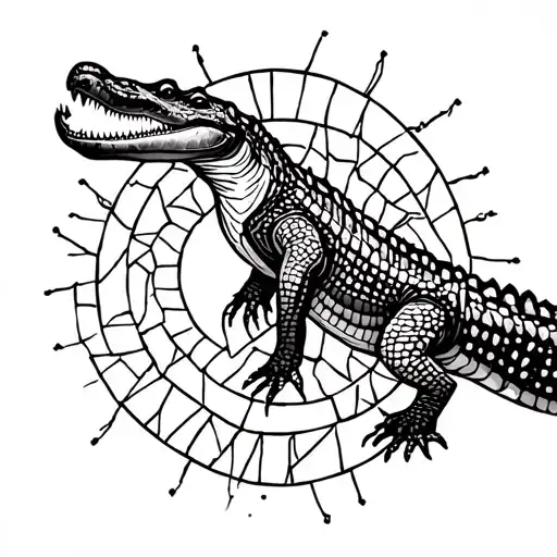 Crocodile With A Sun Behind And Hexagonal Shapes Behind Filling The Arm