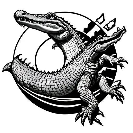 Crocodile With A Sun Behind And Hexagonal Shapes Behind Filling The Arm