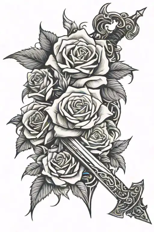 Mythical Sword Wrapped In Roses And Thorns