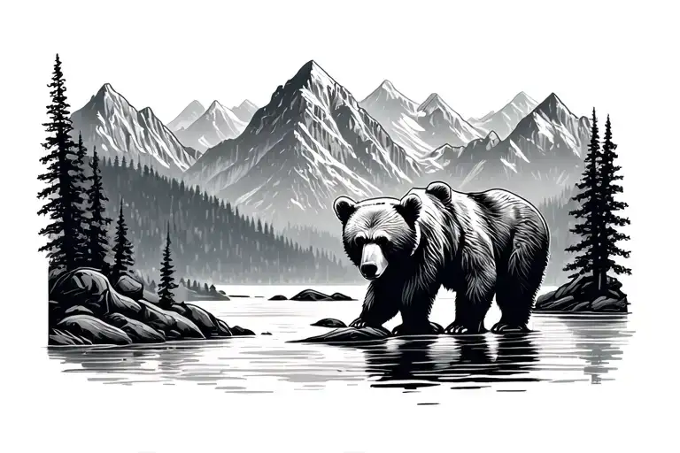 Mountains And River With Bear