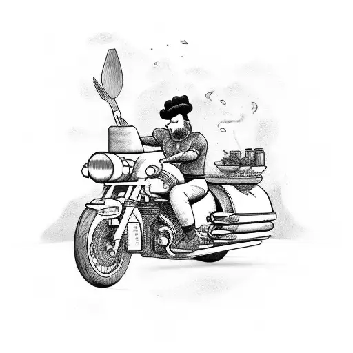 An Adventurous Chef Riding A Motorcycle With Kitchen Utensils As Weapons