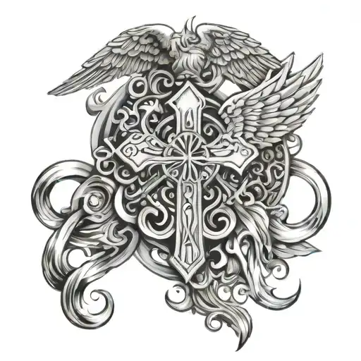 An Intricate Black And Grey Tattoo Featuring A Paramedic Symbol Intertwined With Angelic Figures