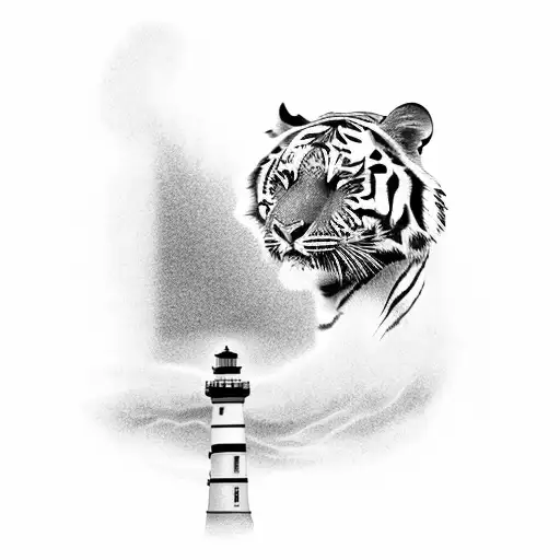 Palm Trees And Light House With Waves And A Tiger