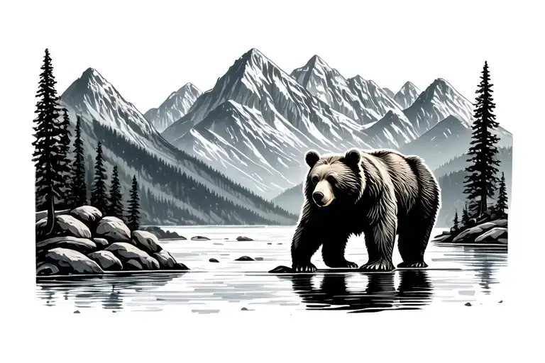 Mountains And River With Bear