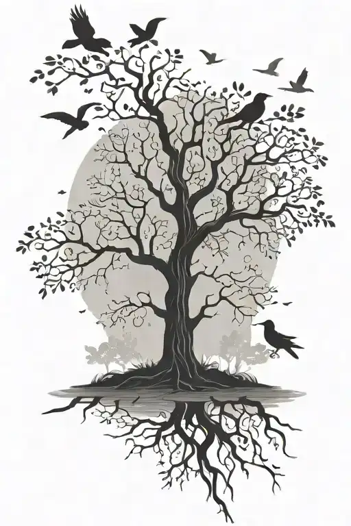 Low Tree Of Life With Silhouettes Of Birds Flying Away
