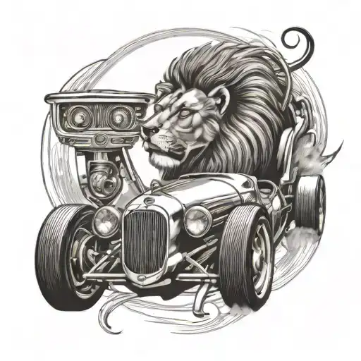 A Sleek Racing Car With A Lion's Head As The Hood Ornament