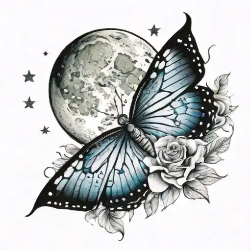 Blue Butterfly With Flowers And The Moon And Starry Sky