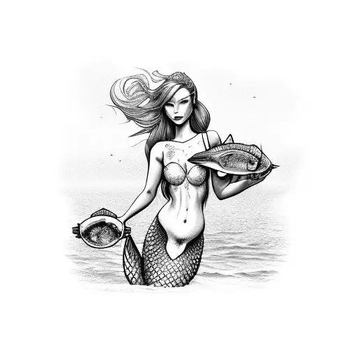 A Majestic Mermaid Holding A Tray Of Delicious Seafood Dishes