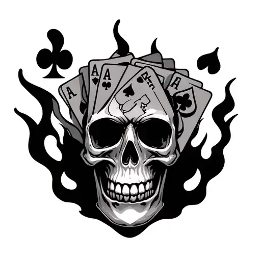 Kirizuka Written On A Background Of Burning Skull Holding 3 Ace Cards