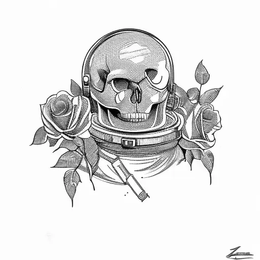 A Skull Of An Astronaut In Space Helmet And Roses