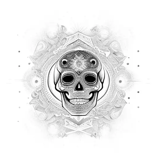 A Mystical Skull Adorned With Intricate Geometric Patterns And Surrounded By Celestial Bodies