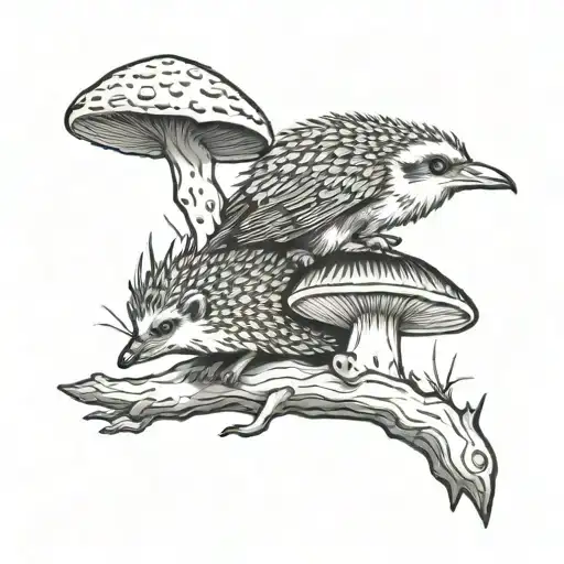 Mushrooms Hedgehog And Raven Perched