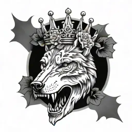 Wolf Skull With Flowers And A Crown Surrounded By Bold Flowers