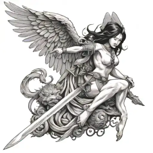 Woman With Angel Wings Killing An Asian Monster With A Sword