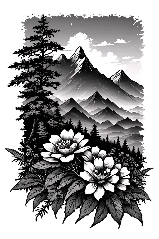 Mountain Range With Flowers Beneath