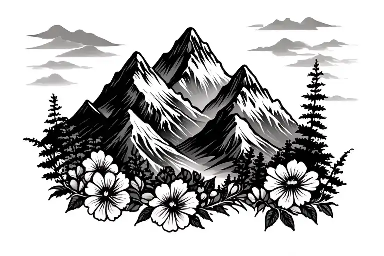 Mountain Range With Flowers Beneath