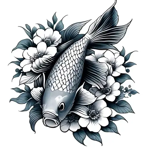 Koi Fish With Flowers