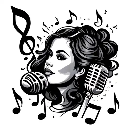 Plus Size Woman Line Tattoo With A Microphone Surrounded By Musical Notes