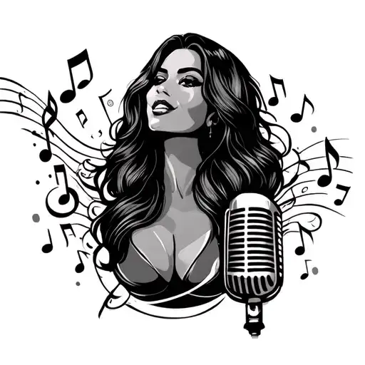 Plus Size Body Woman Line Tattoo With A Microphone Surrounded By Musical Notes