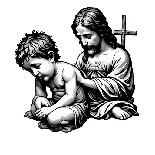 A Boy Child Crying On His Knees With Jesus Looking Over Him
