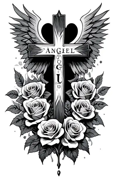 Cross With The Word Angel Down The Midde Of It With Roses As Background